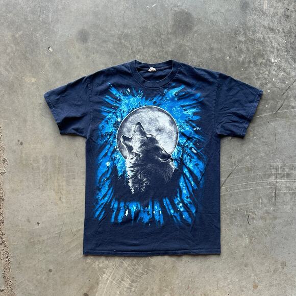 Vtg Mystic Wolf Howling Moon T-Shirt Men's M Blue Gildan Nature Art Tee Y2K - Picture 2 of 9